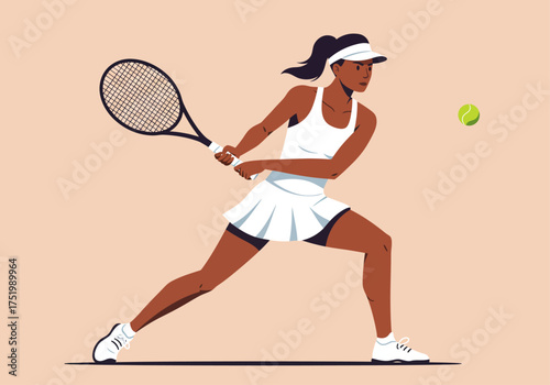 Flat Illustration of Female Tennis Player in Action with Racket