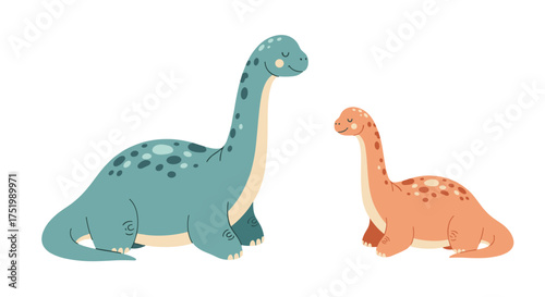 Two cartoon dinosaurs are sitting on a white background.