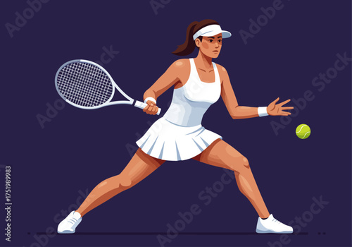 Flat Illustration of Female Tennis Player in Action with Racket