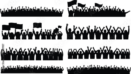 Silhouette of cheering crowd with raised hands and flags representing celebration, unity, protest, concert, and people gathering for events.