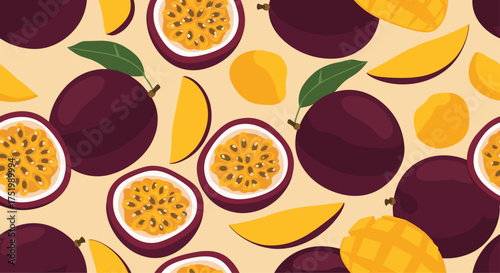 A vibrant and colorful pattern of passion fruits and mango slices.