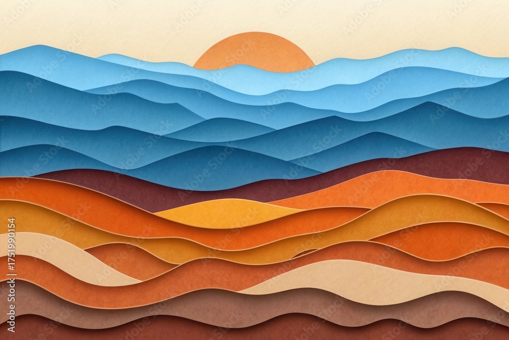 Fototapeta premium Paper cut landscape with sun rising over blue mountains and orange hills