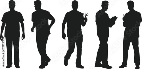 Silhouette of men standing, walking, and holding objects representing teamwork, occupation, business professionals, communication, and corporate workforce in black vector style.