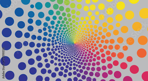 Spiraling Rainbow Dots: Colorful Circular Pattern on Gray Background