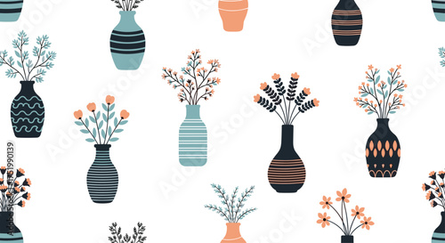 A seamless pattern of pixel art vases filled with delicate floral arrangements.