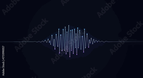 Symmetrical digital soundwave with glowing blue and purple nodes, representing an audio spectrum or voice recognition technology.
