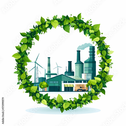 Illustration of a factory and wind turbines framed by a circular wreath of green leaves, symbolizing sustainable industry.