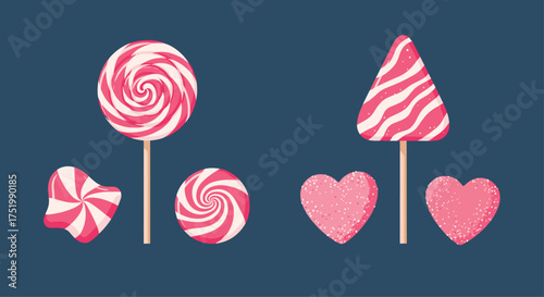 Collection of delicious pink and white swirl candies and lollipops.