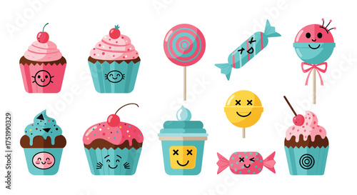 Cute pixel art cupcakes and candies with happy faces.