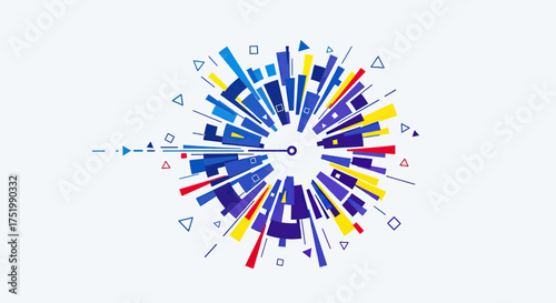 Dynamic abstract geometric burst of blue, yellow, red rectangles, triangles, and lines radiating from a central point.