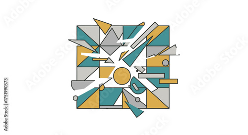 Dynamic abstract geometric composition featuring teal, mustard yellow, and gray shapes with black outlines