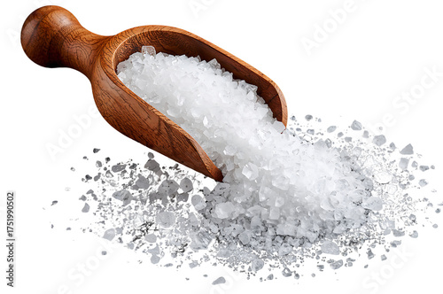 Coarse sea salt crystals with wooden scoop