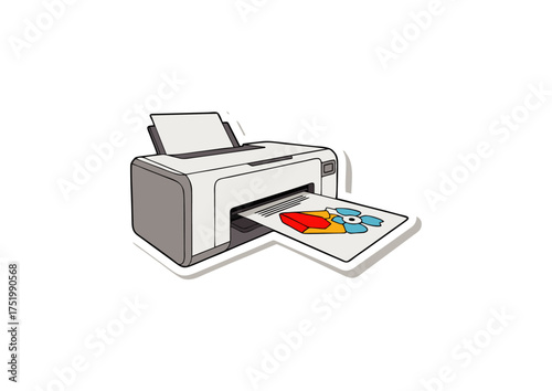 Modern office printer ejecting a vibrant, colorful illustration on paper, a concept of digital creativity and technology in the modern workplace
