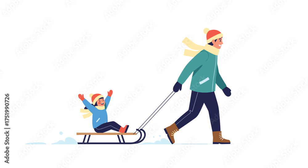 Obraz premium A father pulls his daughter on a sled through the snow.