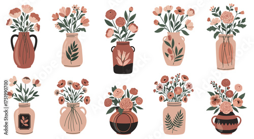 A collection of ten illustrated floral arrangements in vases.