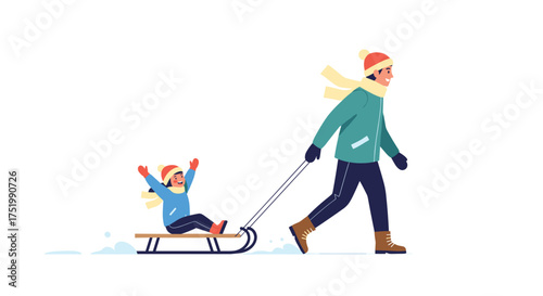 A father pulls his daughter on a sled through the snow.
