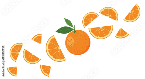 An orange fruit broken into many pieces with leaves.