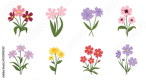 A collection of eight delicate floral bouquets rendered in a charming pixel art style.