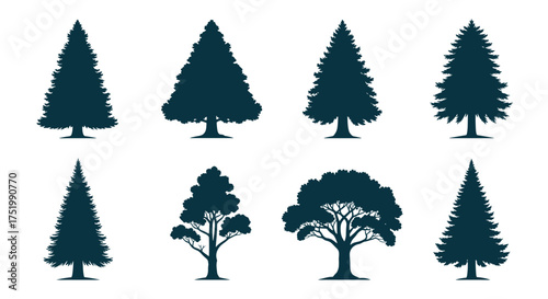 Eight different types of silhouette trees in pixel art style.