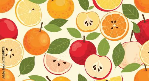 A refreshing collection of various fresh fruits and green leaves.