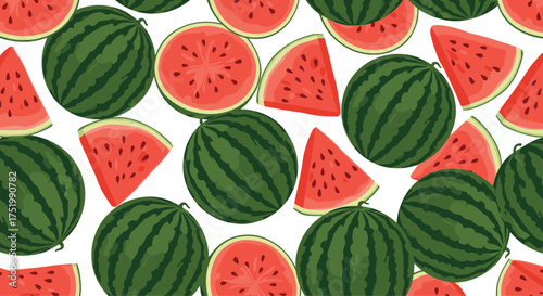 Refreshing summer fruit sweet watermelon slices and whole fruit pattern.
