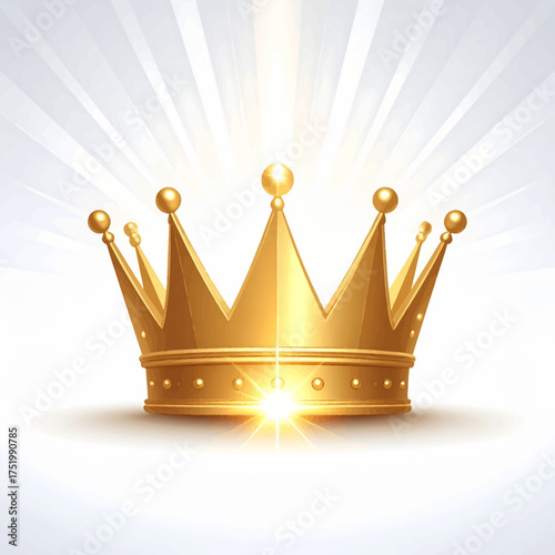 A gleaming golden crown with radiating light beams against a bright white background, symbolizing royalty and success.