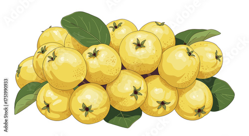 A pile of yellow quinces with green leaves.