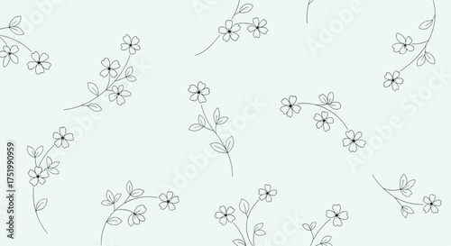 A delicate pattern of light blue floral illustrations repeats across a white background.