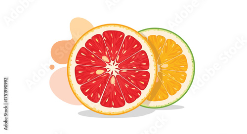 Two juicy citrus fruit halves one red grapefruit and one orange with an orange splash.