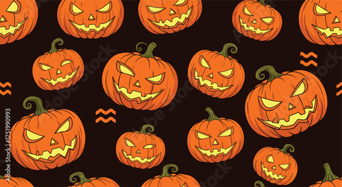 Spooky halloween pumpkin patch digital art with smiling jack o lanterns