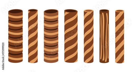 A collection of eight crispy wafer rolls with different patterned textures.