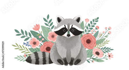 A cute raccoon sits amidst a lush floral arrangement.