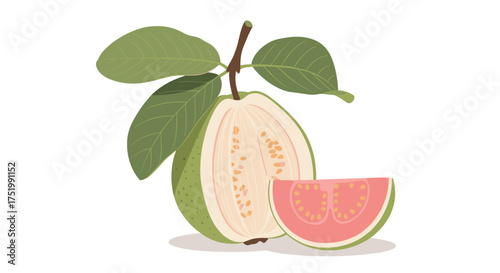 A juicy guava fruit with leaves and a slice shown.