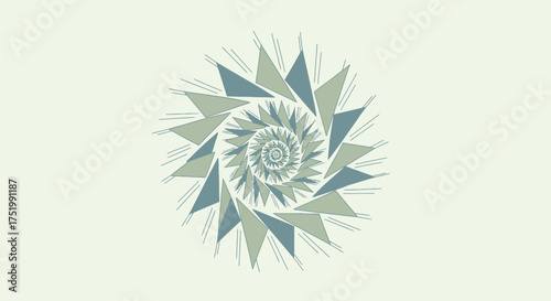 A spiraling fractal pattern of sharp, two-toned triangles in muted green and blue.