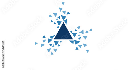 A central dark blue triangle shattering into a dynamic cloud of smaller blue triangular fragments.