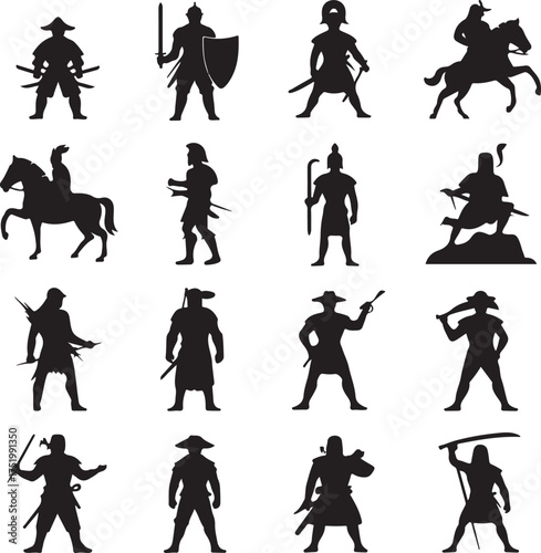 Silhouetted figures depicting various historical warriors and military personnel
