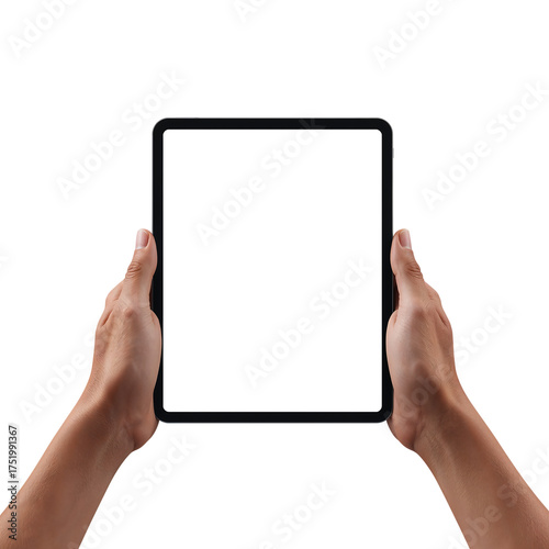 Tablet being held by two hands with a blank screen in front of a transparent background featuring holding, technology, device