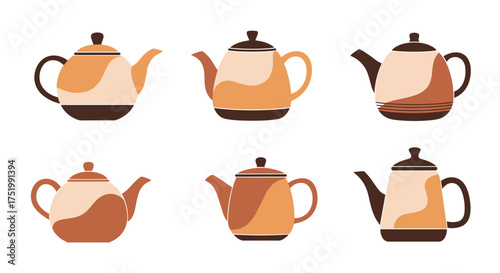 A collection of six decorative teapots in various designs and color palettes.