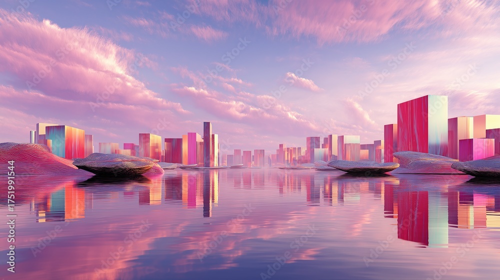 Fototapeta premium Dreamlike pastel landscape in pink and blue vaporwave colors with abstract futuristic buildings by the water and reflection