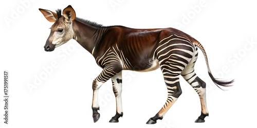 Adorable baby okapi with striped legs and bushy mane posed gracefully isolated studio portrait