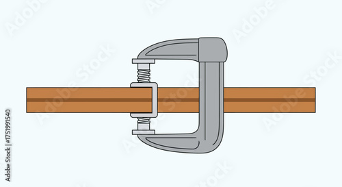 A grey metal C-clamp with a screw mechanism firmly gripping a brown wooden plank, depicted in a simple vector illustration style.