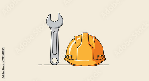 Cartoon Style Silver Wrench and Orange Safety Hard Hat, Essential Construction Worker Tools