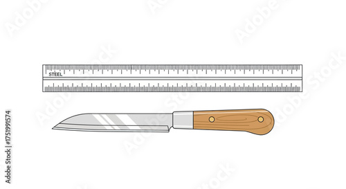 Steel Ruler and Knife with Wooden Handle Illustration