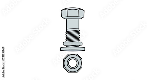 Gray Bolt with Threads, Washer, and Nut, Isolated on White Background