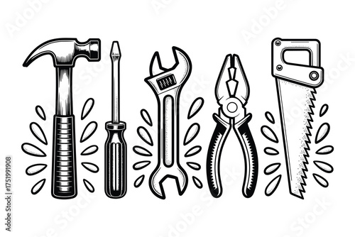 Hand Tools Vector Set: Line Art Illustration of Carpentry and Repair Tools