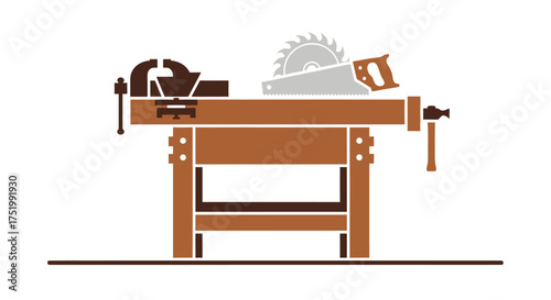 Stylized Illustration of a Wooden Workbench with Tools
