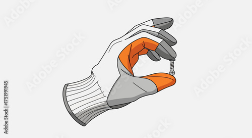 Hand wearing protective glove holding a small screw