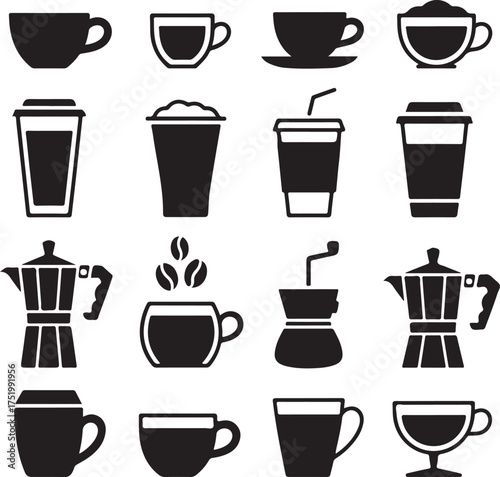 Variety of coffee cups and equipment in black and white image