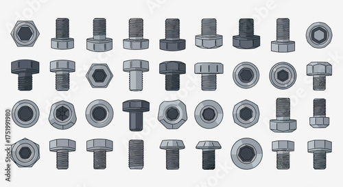 Diverse gray metal bolts and screws, illustrated with hex and socket heads, visible threads, and varying sizes and styles.