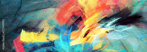 Modern paint patter in trendy color Aquatic Awe, Sunset Coral. Bright multico...